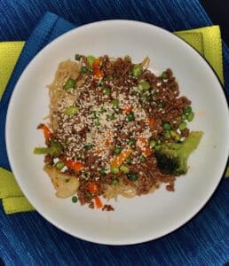 Weeknight meal Beef Edamame noodle bowl